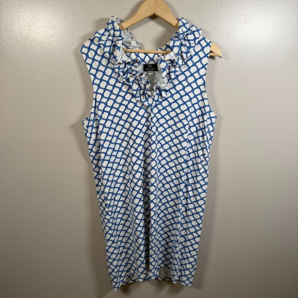 Boutique Sailor Sailor Sleeveless Blue & White Ruffle-Neck Midi Dress